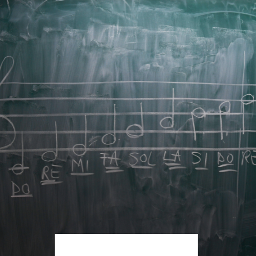 A chalkboard with music solfege appears.
